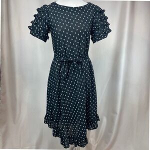 Vintage 70s Womens (M) Black Ruffle Midi Dress Puff Sleeve Western Dance Party